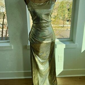 Metallic Gold Slip Maxi Dress - Women's Evening Gown